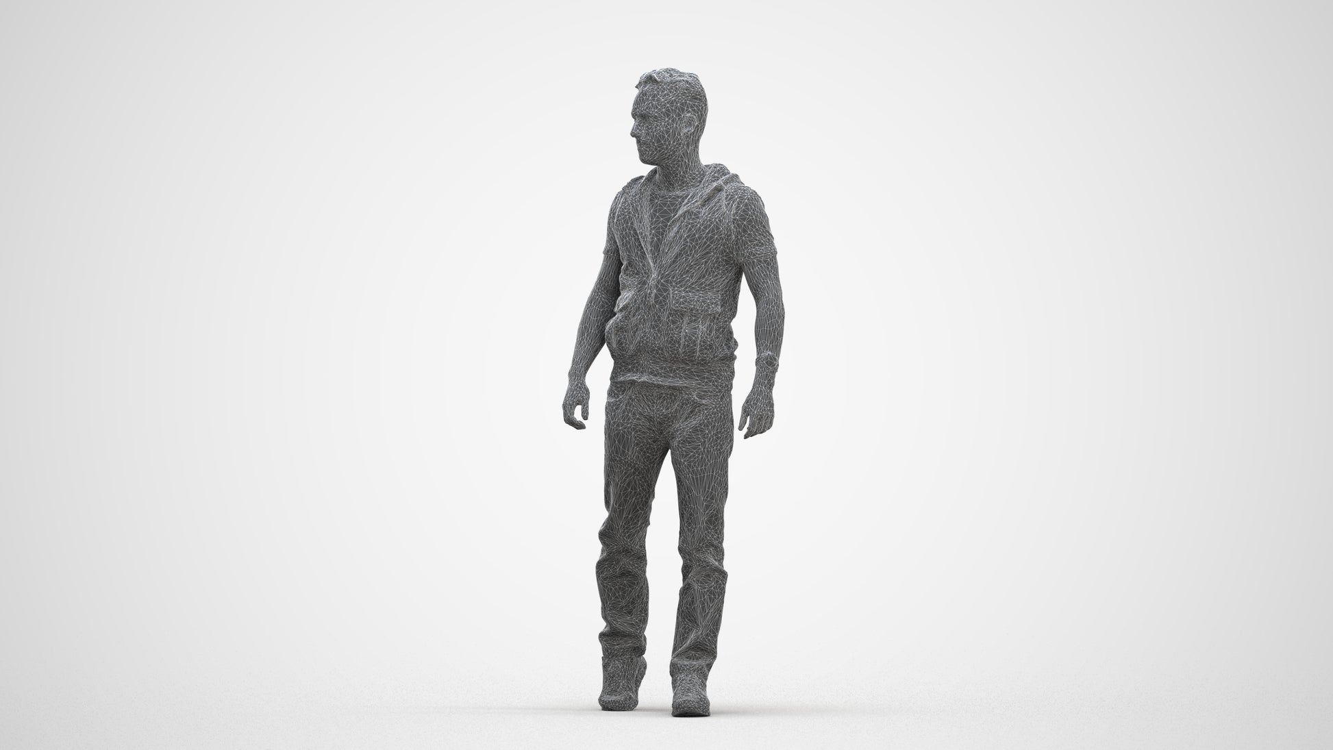 3D human model man casual walking, photogrammetry scanned person for archviz, three-quarter front view render