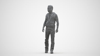 3D human model man casual walking, photogrammetry scanned person for archviz, three-quarter front view render