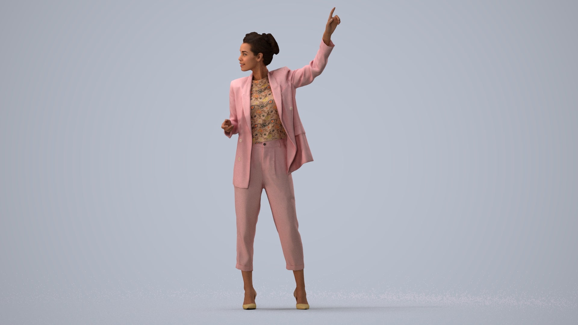 3D human model woman business, photogrammetry scanned person for archviz, three-quarter view render