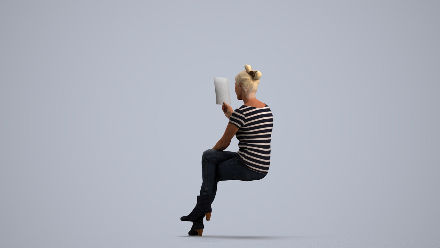3D scanned senior woman sitting casual, photorealistic archviz people for Enscape and SketchUp, front view render