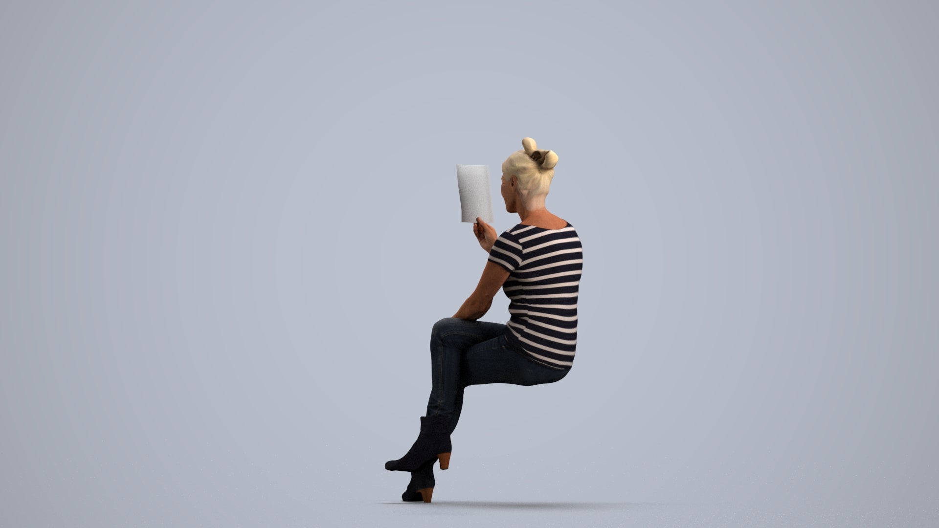 3D scanned senior woman sitting casual, photorealistic archviz people for Enscape and SketchUp, front view render