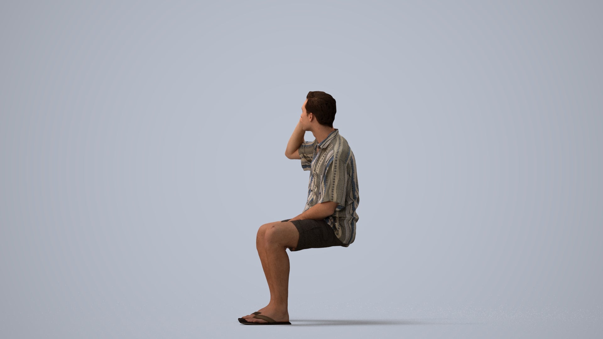 scanned 3D man casual sitting, photogrammetry people for Enscape and V-Ray, three-quarter view render