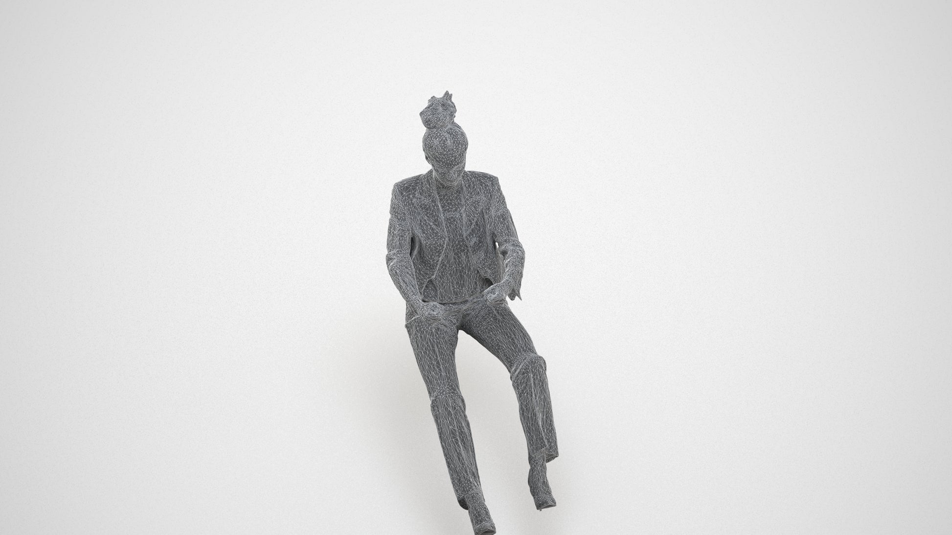 3D human model woman business driving, photogrammetry scanned person for archviz, wireframe three-quarter view