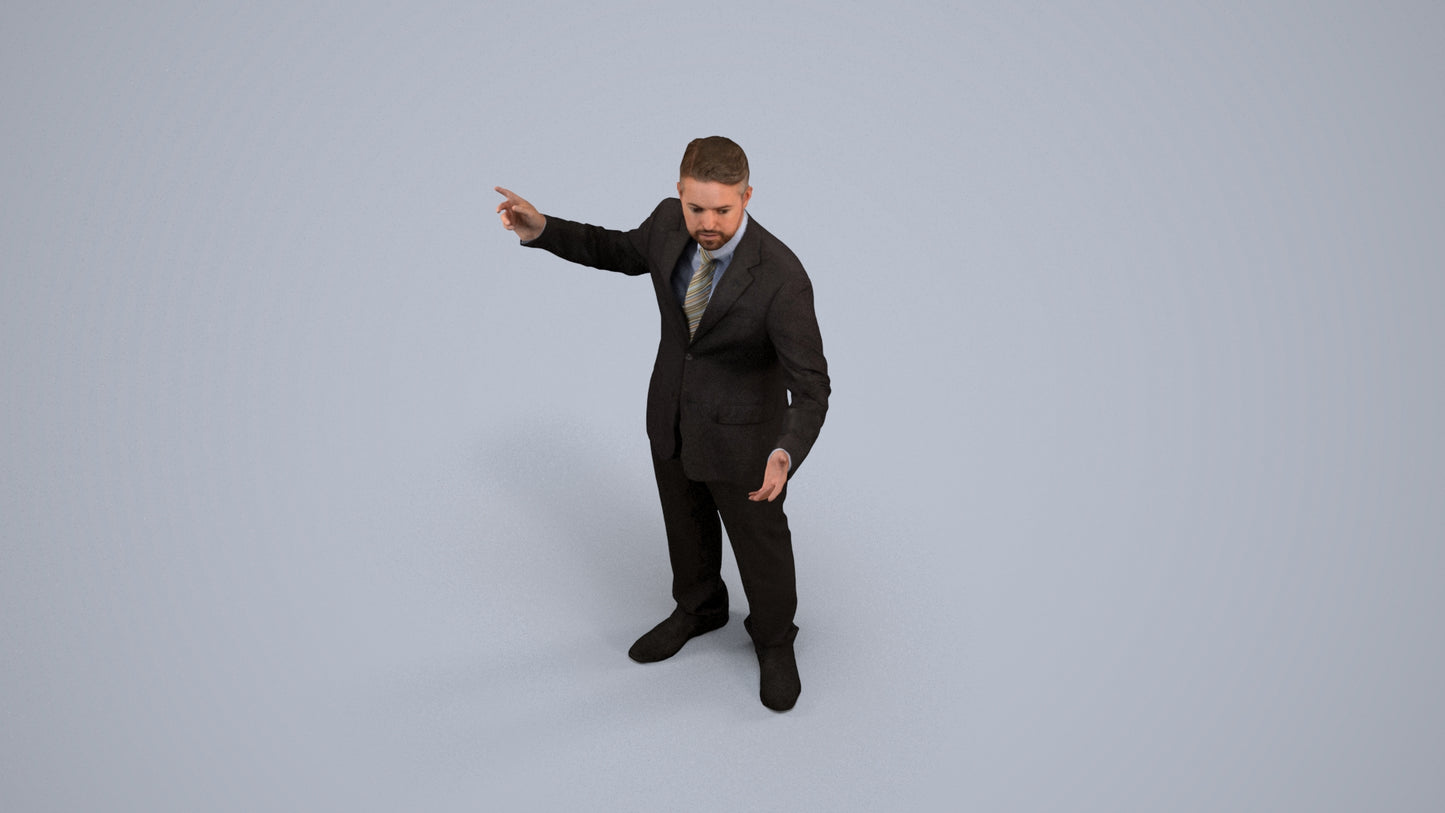 3D human model man business, photogrammetry scanned person for archviz, back view render