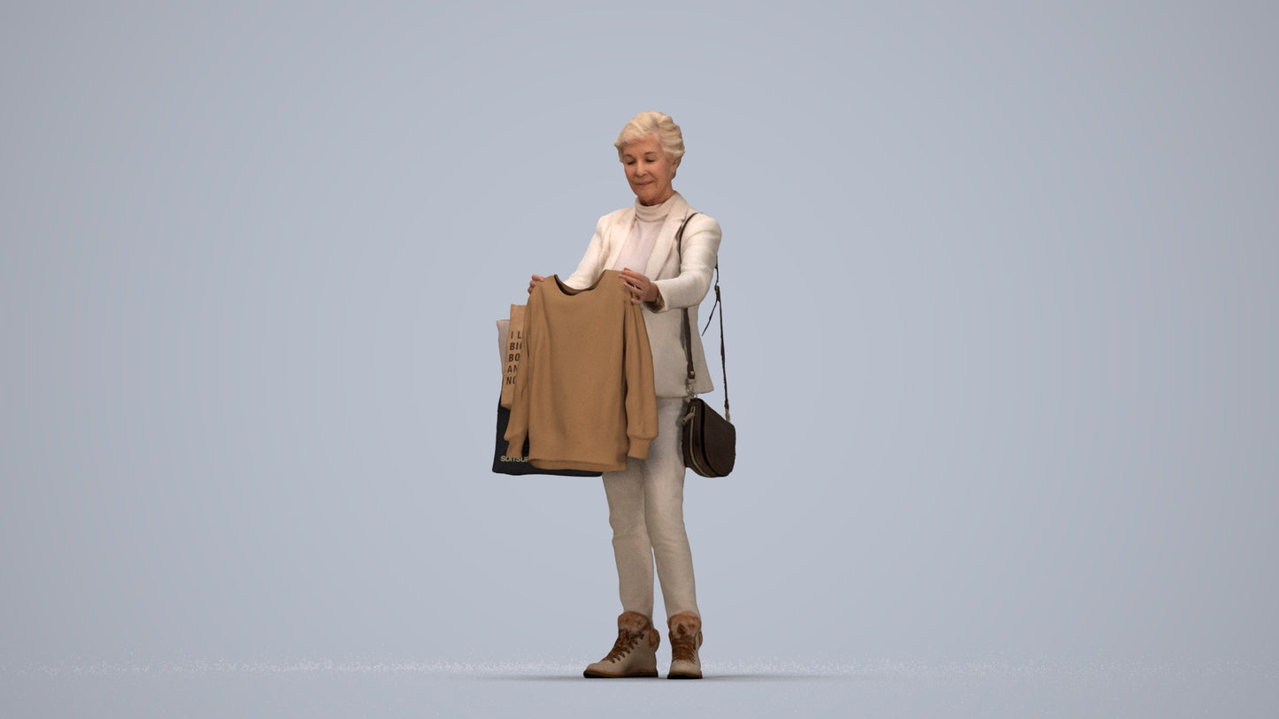 photogrammetry 3D senior woman business shopping, realistic human model archviz FBX, top-down view render