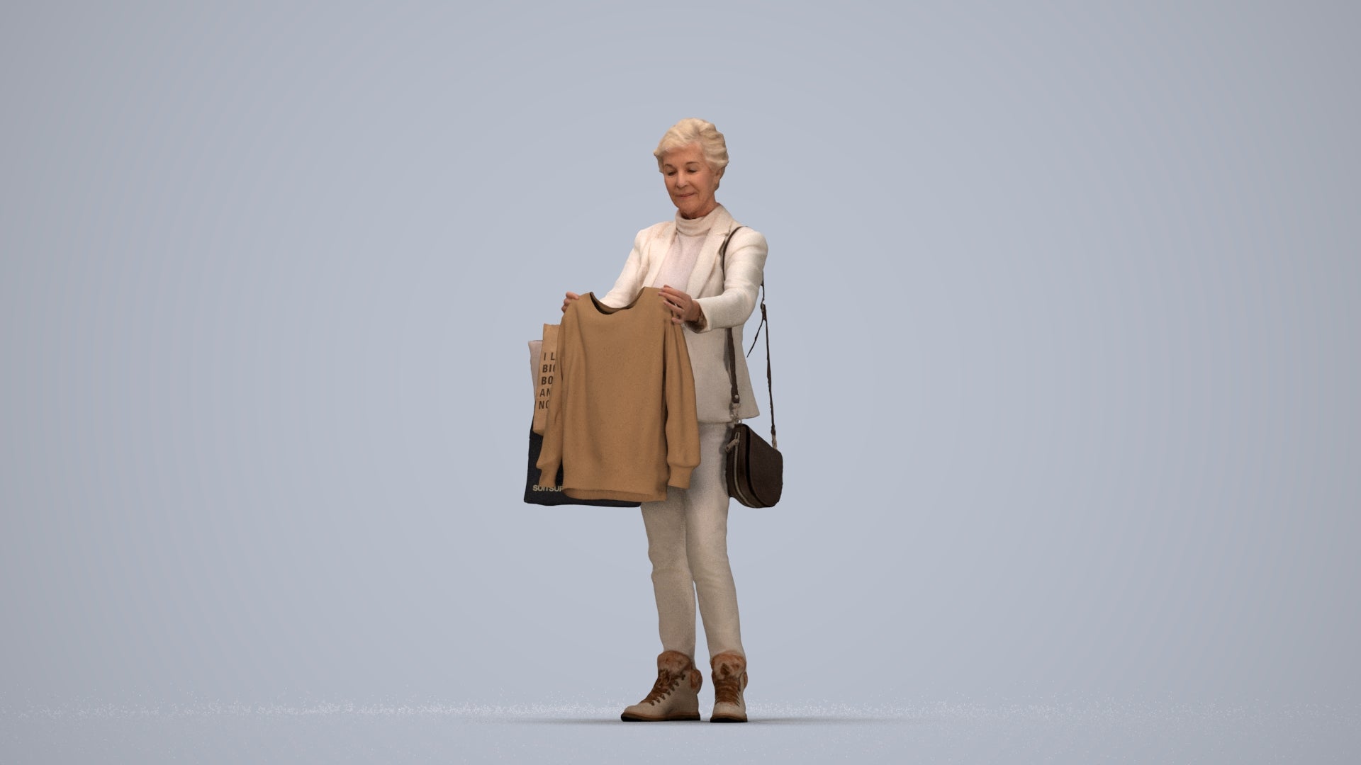 photogrammetry 3D senior woman business shopping, realistic human model archviz FBX, top-down view render