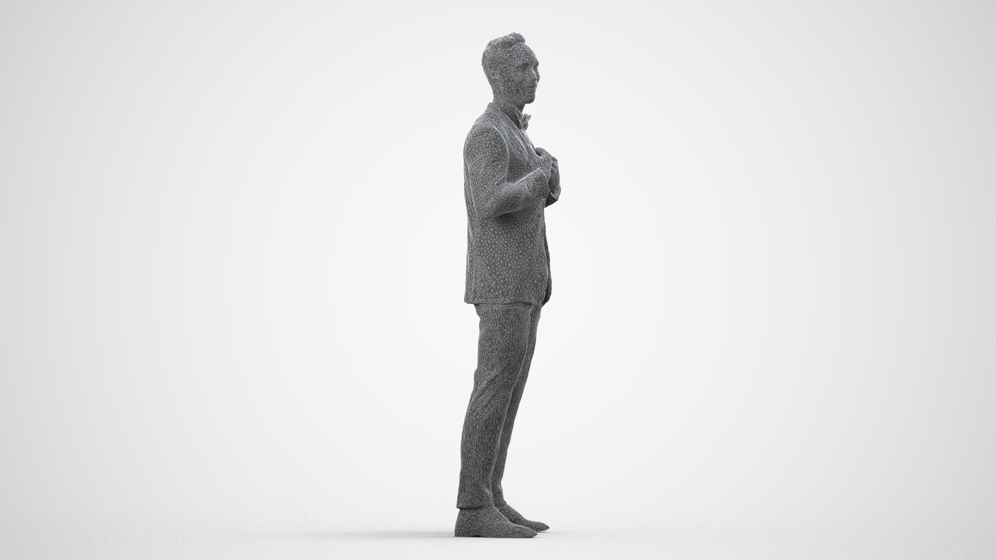 3D human model man formal formalaffairs, photogrammetry scanned person for archviz, wireframe side view