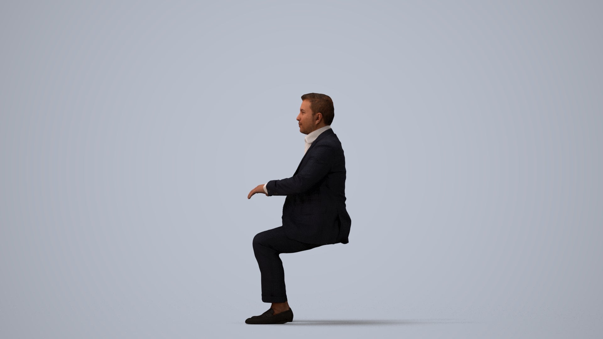 3D human model man business, photogrammetry scanned person for archviz, three-quarter view render