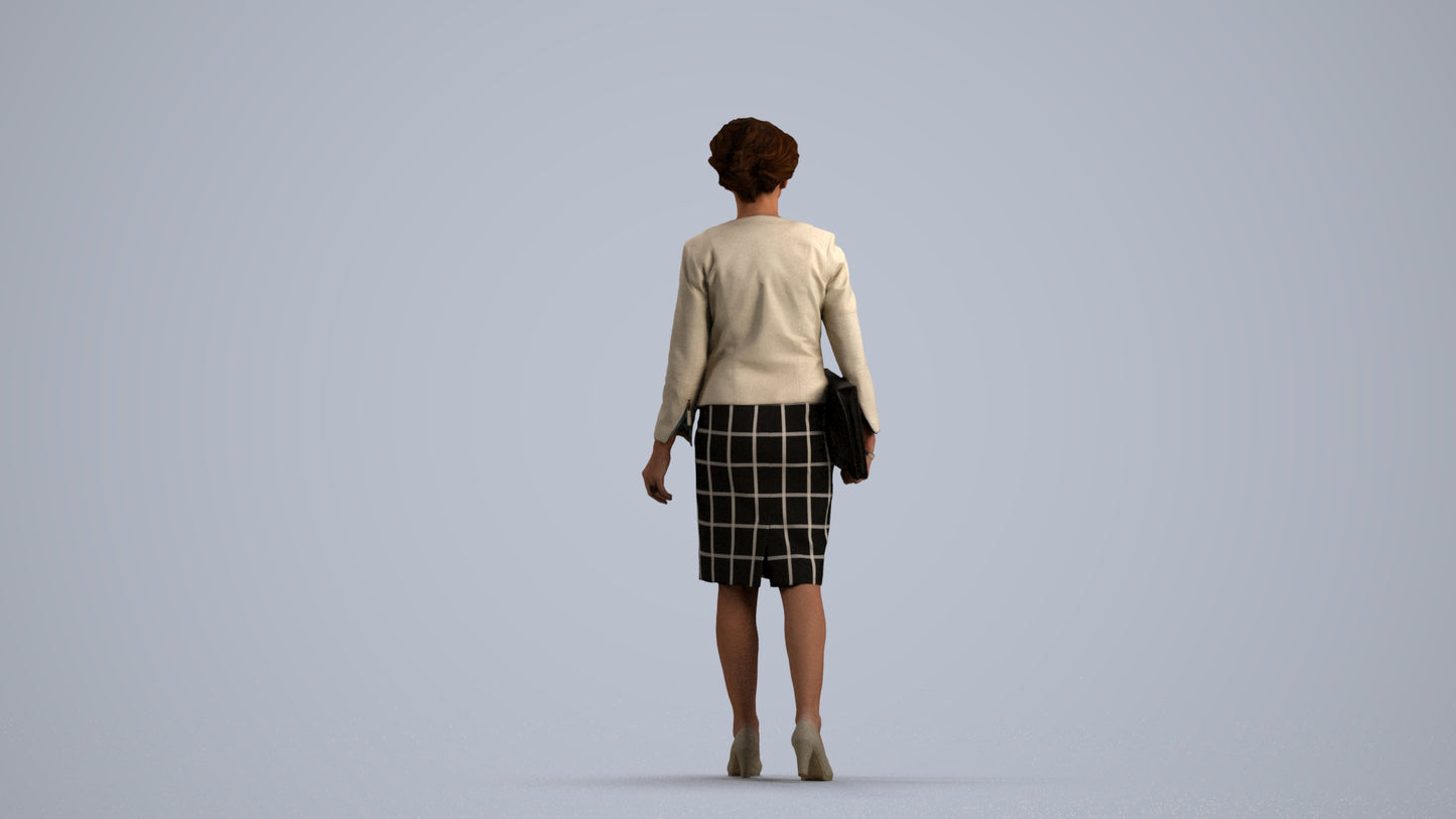 3D scanned woman walking business, photorealistic archviz people for Enscape and SketchUp, front view render