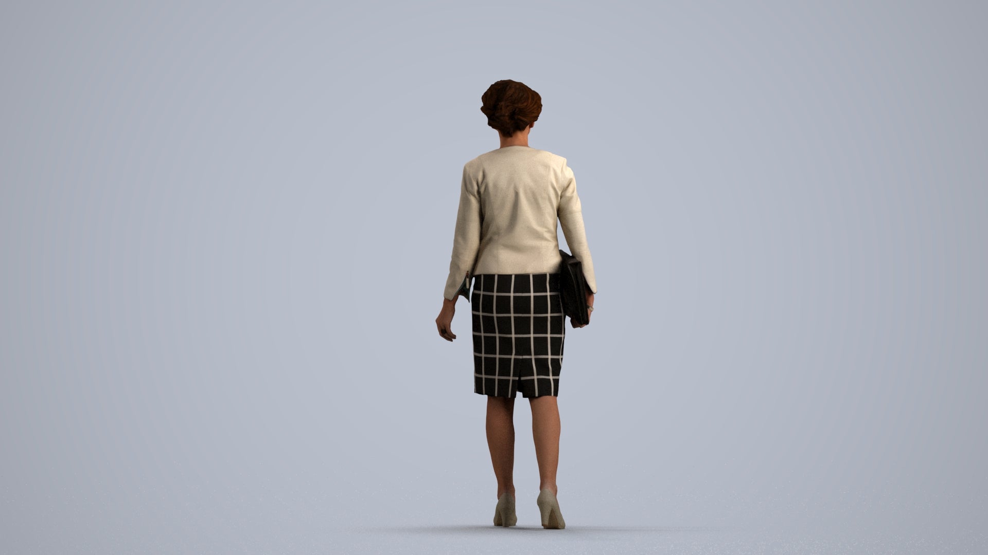 3D scanned woman walking business, photorealistic archviz people for Enscape and SketchUp, front view render