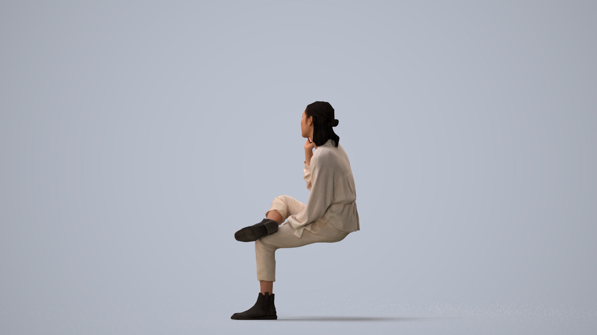 3D people model woman casual sitting, scanned human for 3ds Max rendering, three-quarter view render
