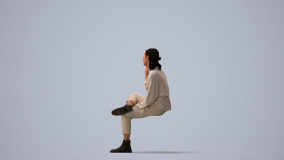 3D people model woman casual sitting, scanned human for 3ds Max rendering, three-quarter view render
