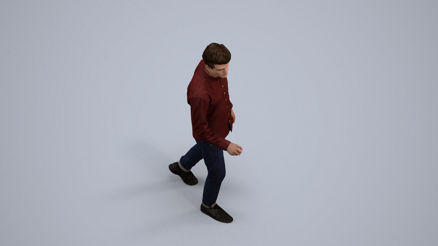 3D human model man casual walking, photogrammetry scanned person for archviz, back view render