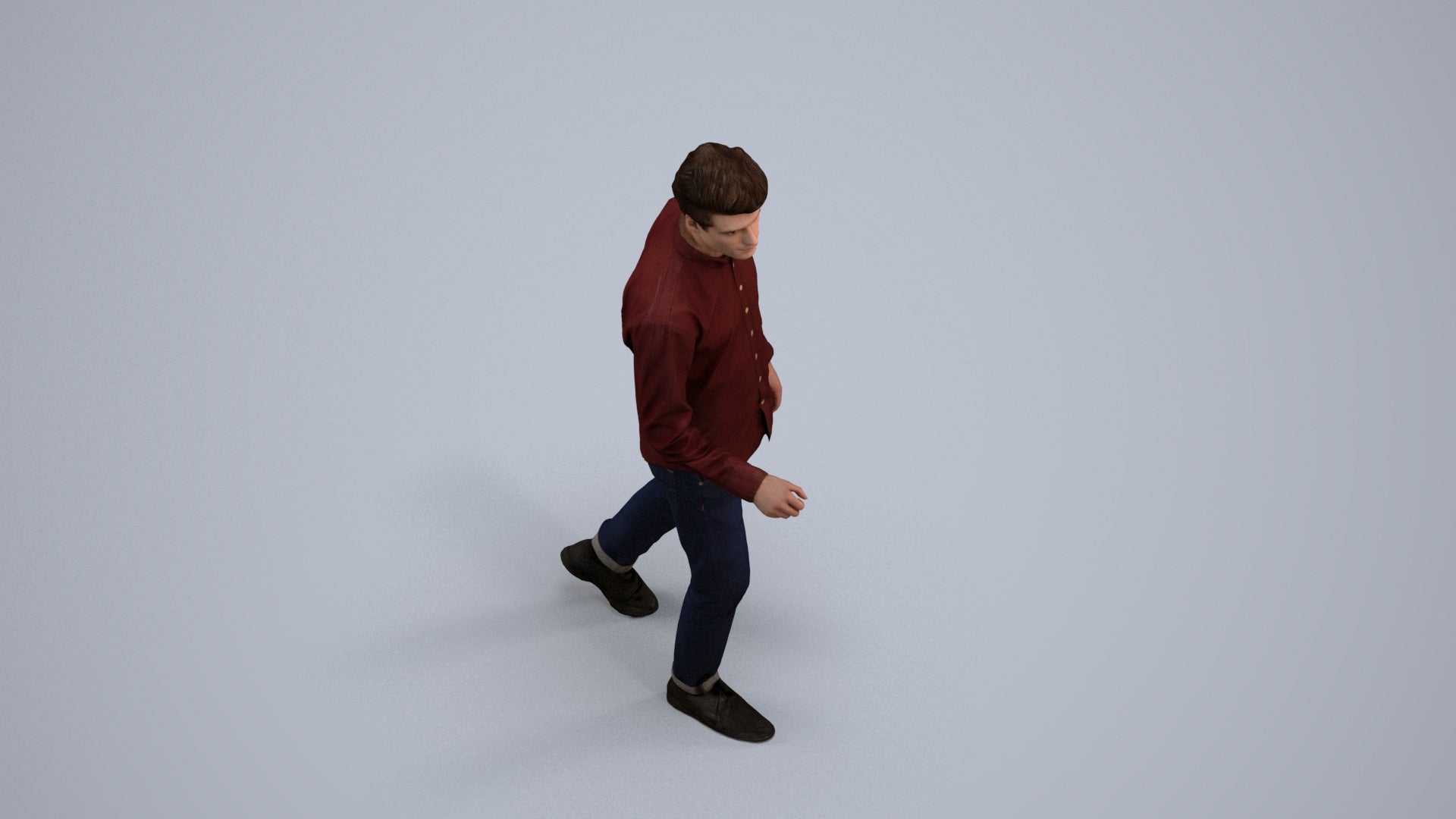 3D human model man casual walking, photogrammetry scanned person for archviz, back view render