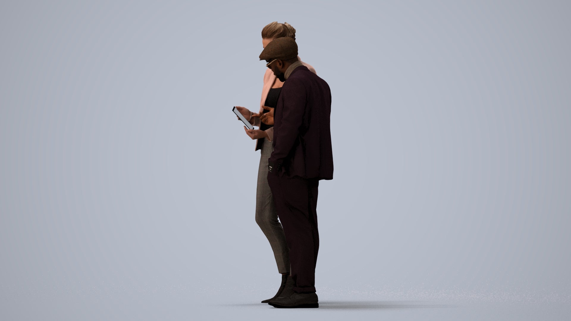 realistic 3D human woman business couple, archviz people FBX OBJ for Blender, three-quarter view render
