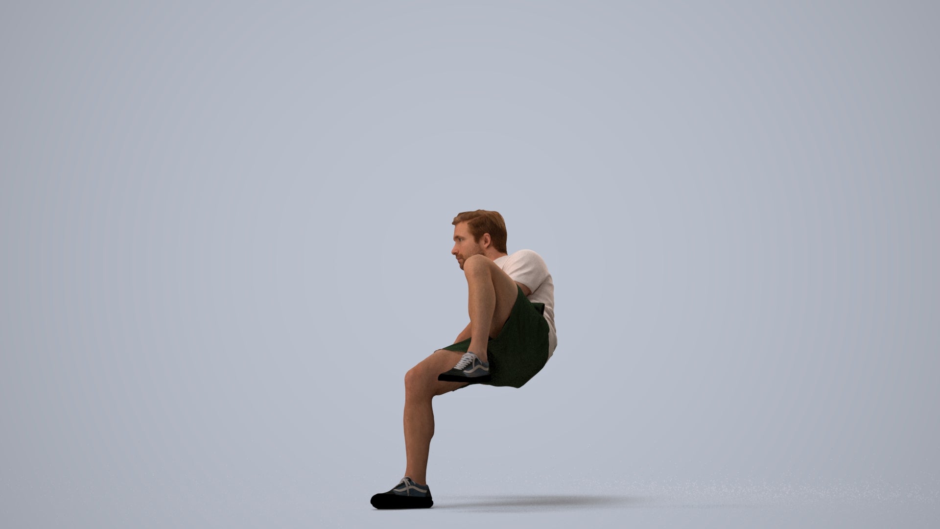 3D human model man casual sitting, photogrammetry scanned person for archviz, three-quarter view render