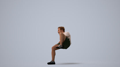 3D human model man casual sitting, photogrammetry scanned person for archviz, three-quarter view render