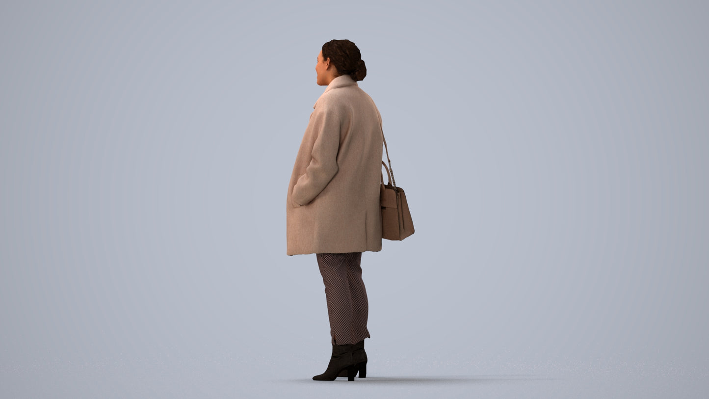 3D human model woman business standing, photogrammetry scanned person for archviz, three-quarter view render