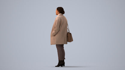 3D human model woman business standing, photogrammetry scanned person for archviz, three-quarter view render