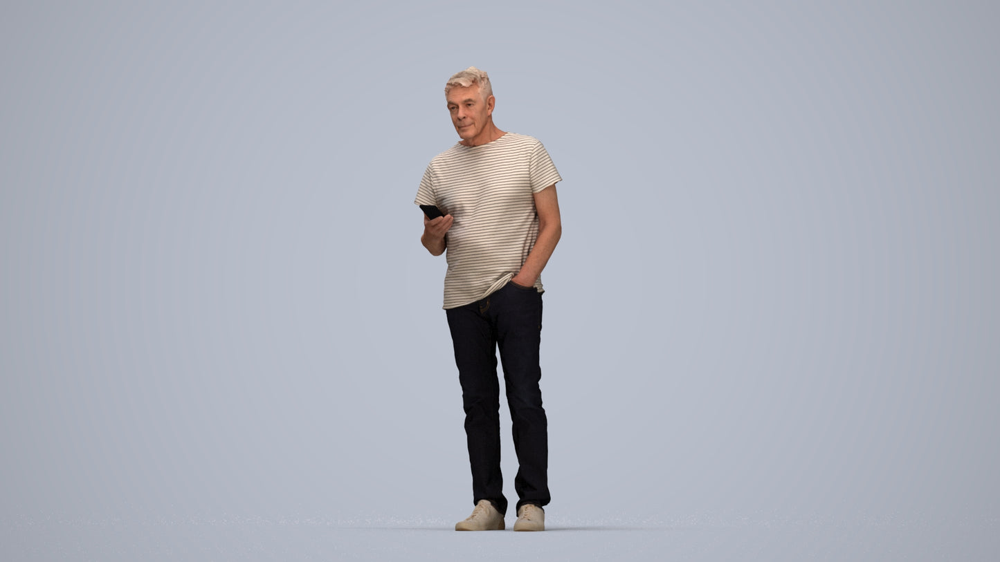 3D people model senior man casual standing, scanned human for 3ds Max rendering, top-down view render