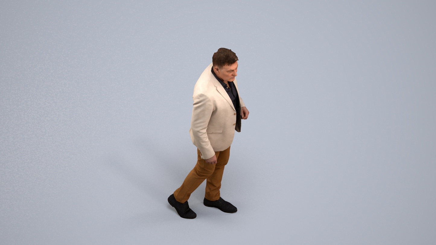 photogrammetry 3D man business walking, realistic human model archviz FBX, back view render