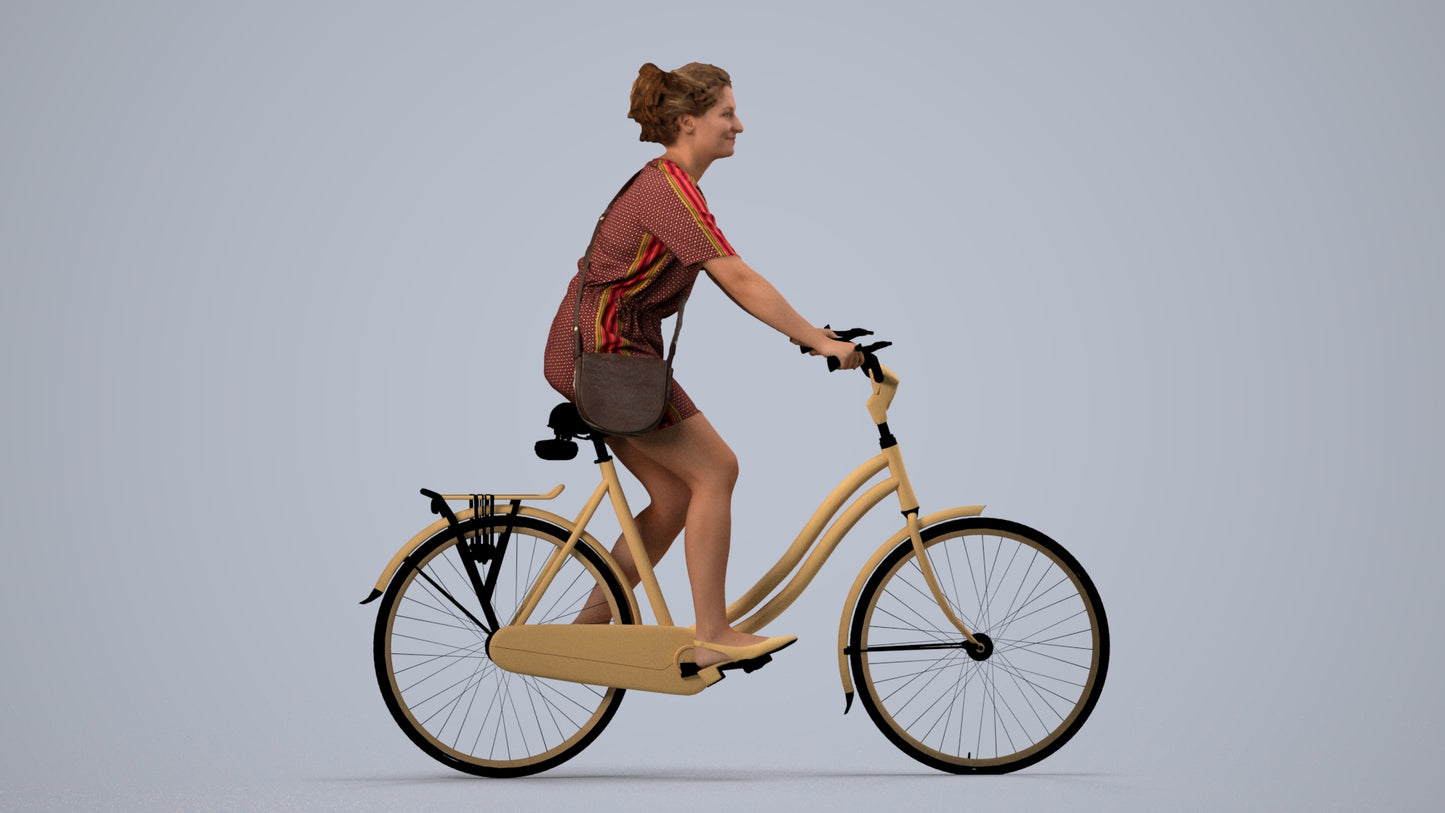 realistic 3D woman casual cycling, scanned archviz people for Blender and 3ds Max, side view render