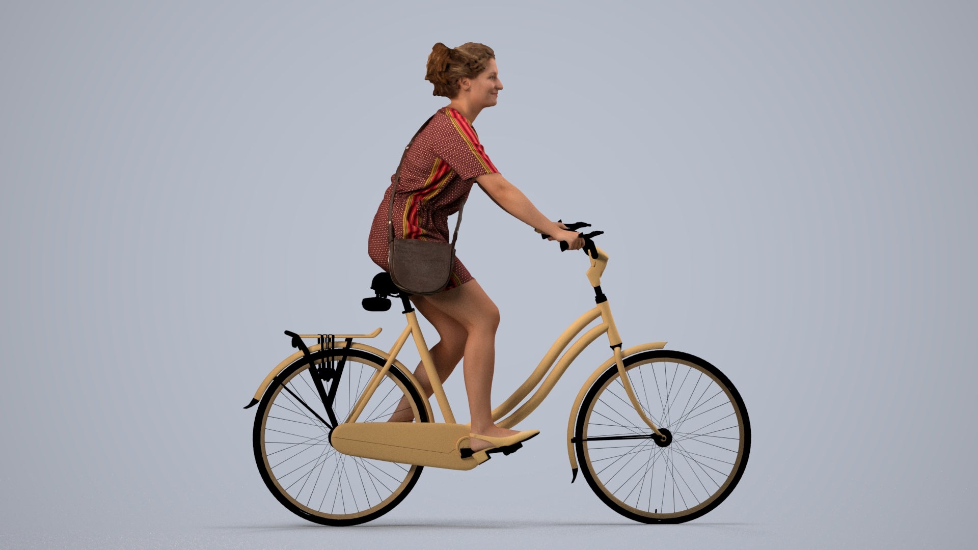 realistic 3D woman casual cycling, scanned archviz people for Blender and 3ds Max, side view render