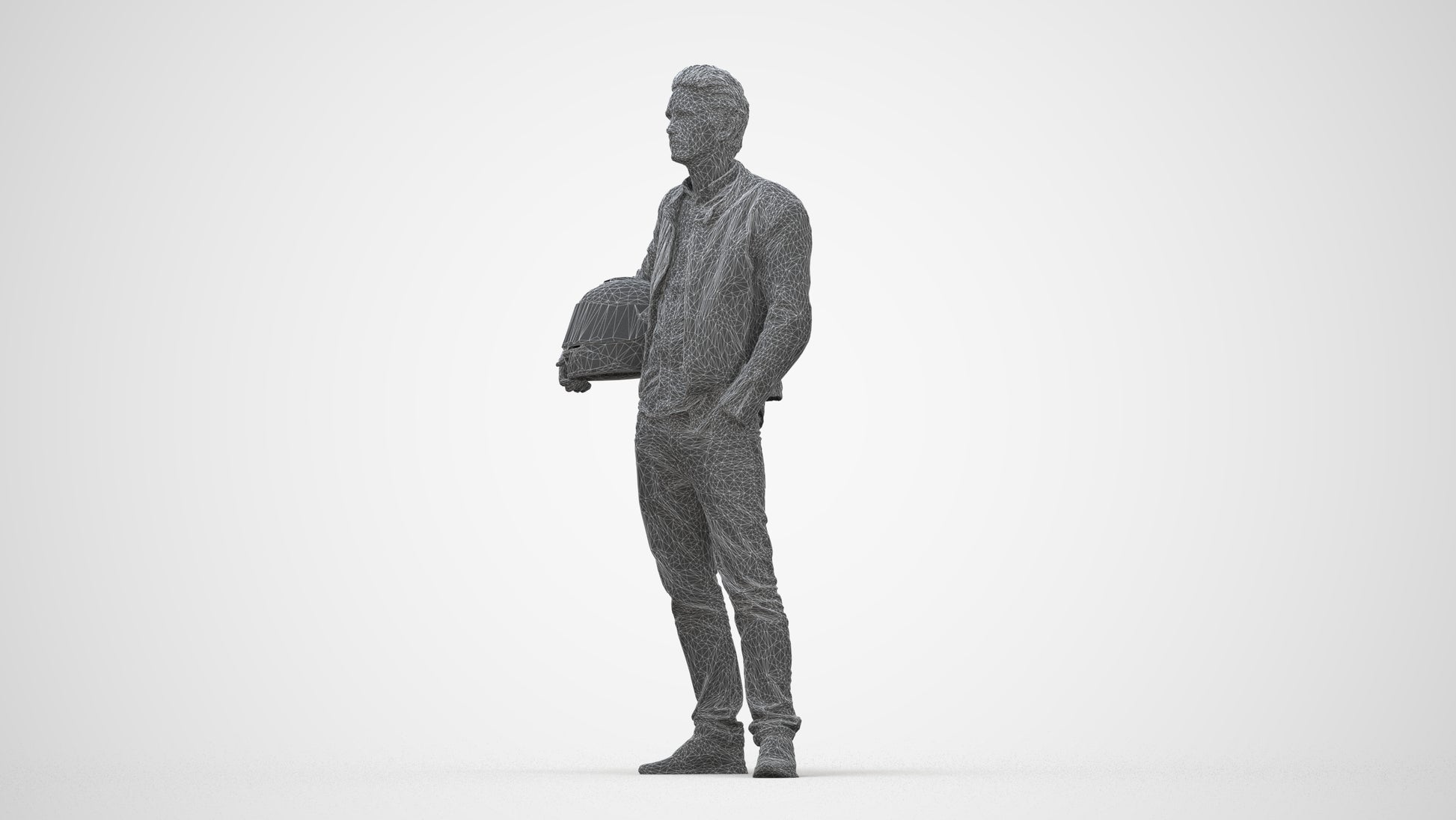 3D human model man casual standing, photogrammetry scanned person for archviz, wireframe back view