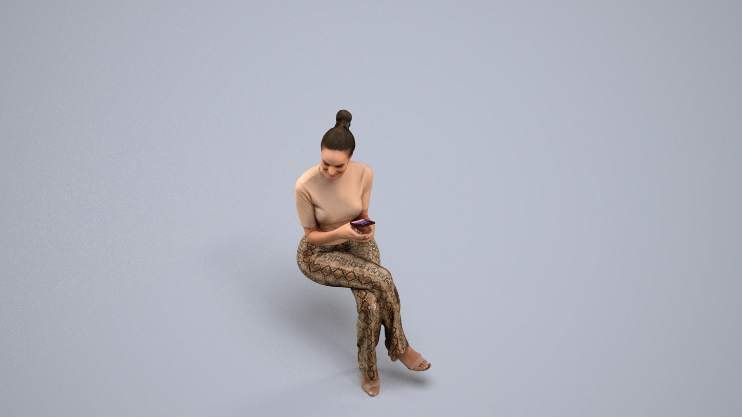 photogrammetry 3D woman casual sitting, realistic human model archviz FBX, back view render