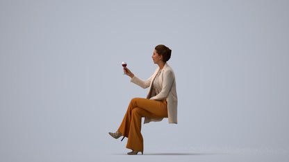 3D human model woman business sitting, photogrammetry scanned person for archviz, three-quarter view render