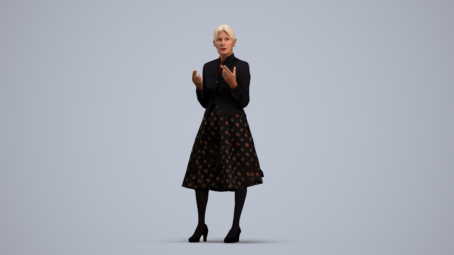 realistic 3D senior woman business standing, scanned archviz people for Blender and 3ds Max, standing pose render
