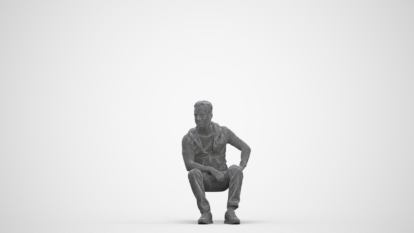 3D people model man casual sitting, scanned human for 3ds Max rendering, three-quarter front view render
