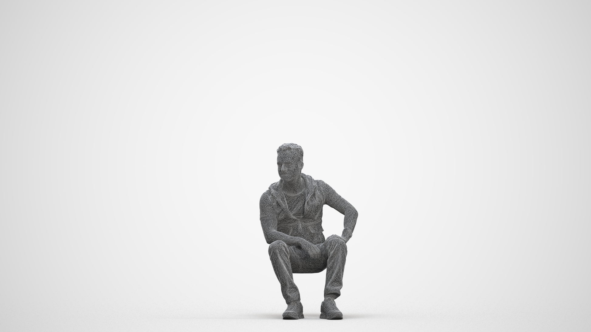 3D people model man casual sitting, scanned human for 3ds Max rendering, three-quarter front view render