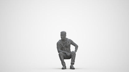 3D people model man casual sitting, scanned human for 3ds Max rendering, three-quarter front view render