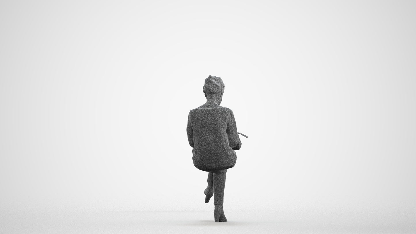 realistic 3D human woman casual sitting, archviz people FBX OBJ for Blender, wireframe front view