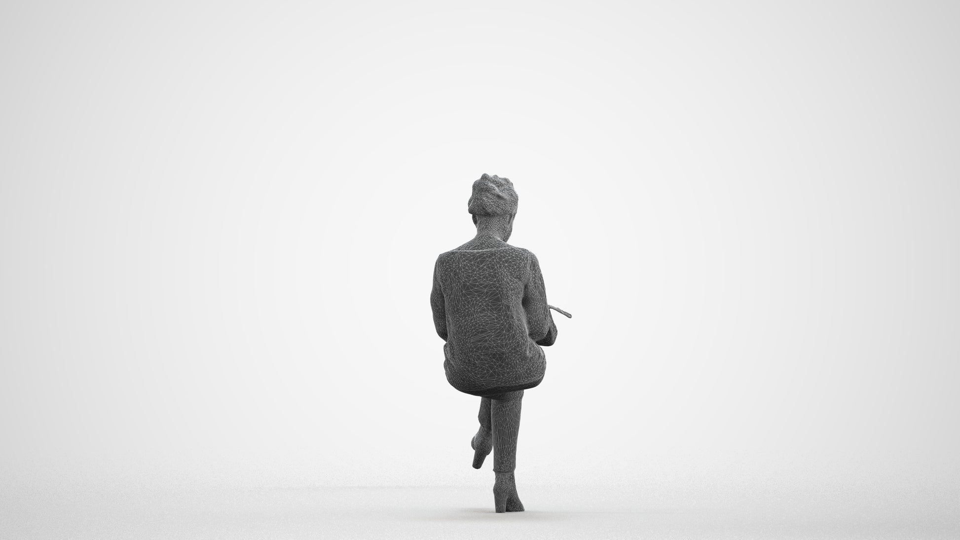 realistic 3D human woman casual sitting, archviz people FBX OBJ for Blender, wireframe front view