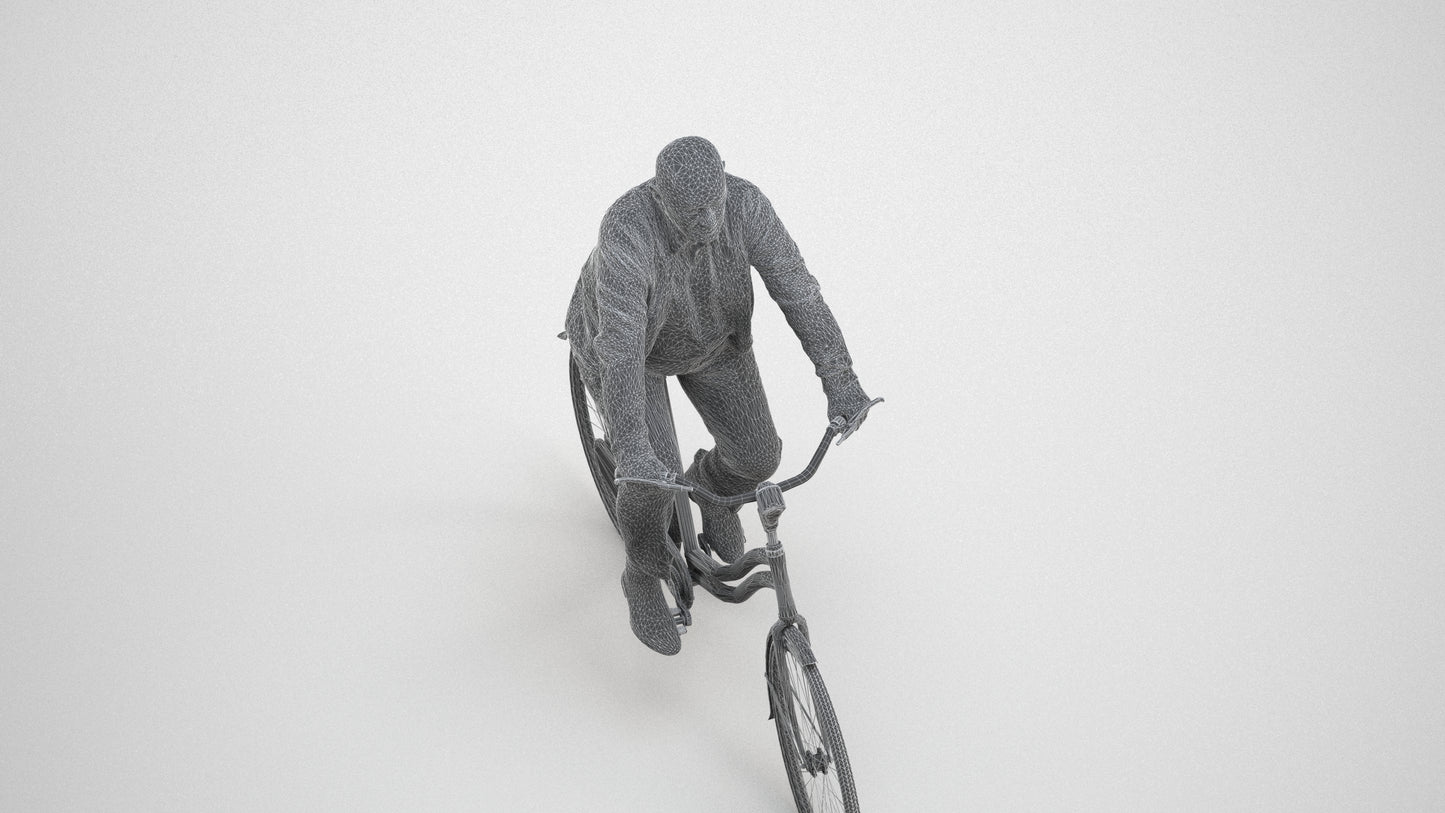 3D human model senior man business cycling, photogrammetry scanned person for archviz, wireframe three-quarter view
