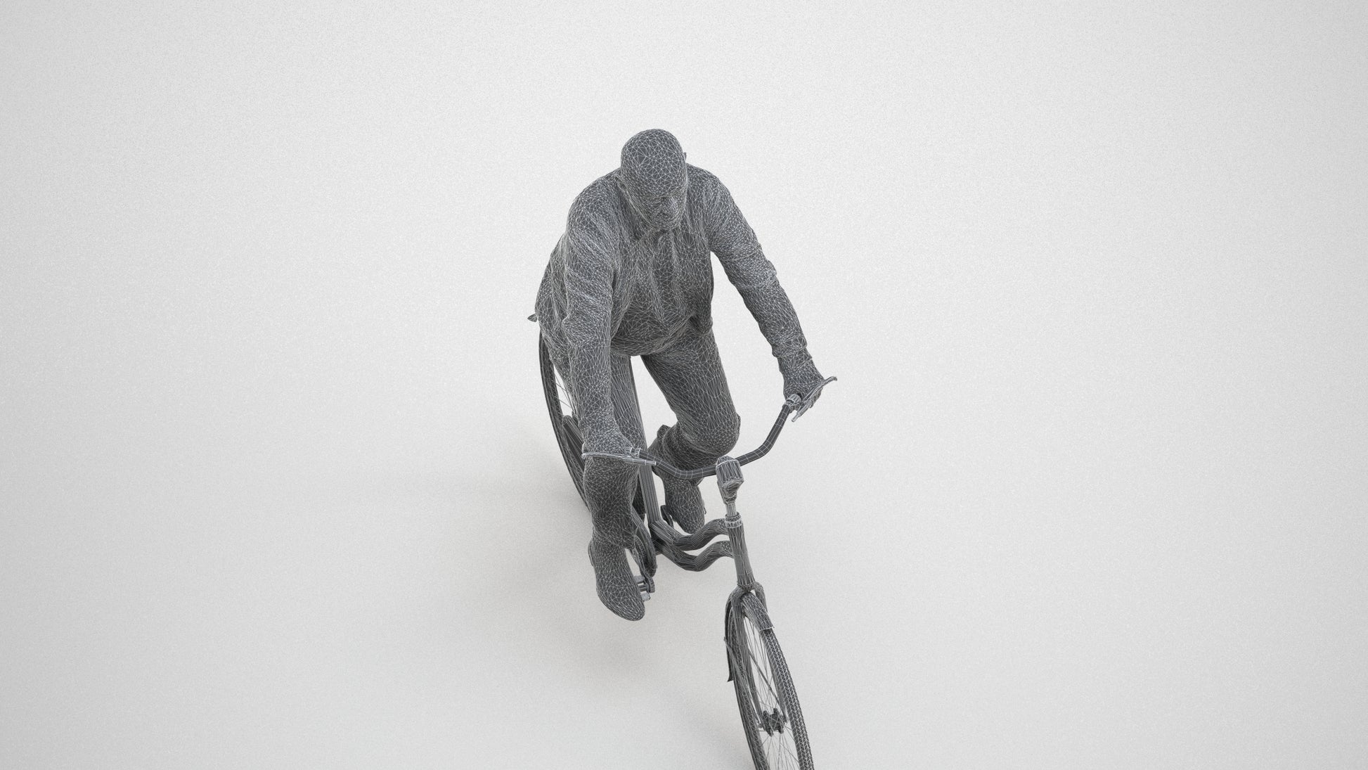 3D human model senior man business cycling, photogrammetry scanned person for archviz, wireframe three-quarter view