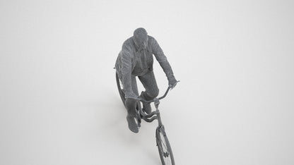 3D human model senior man business cycling, photogrammetry scanned person for archviz, wireframe three-quarter view