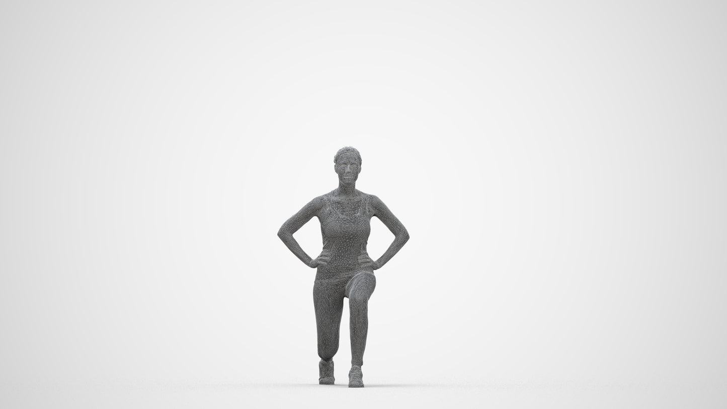 3D human model woman sport standing, photogrammetry scanned person for archviz, wireframe back view