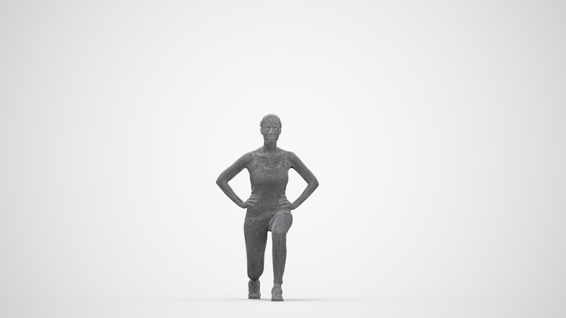 3D human model woman sport standing, photogrammetry scanned person for archviz, wireframe back view
