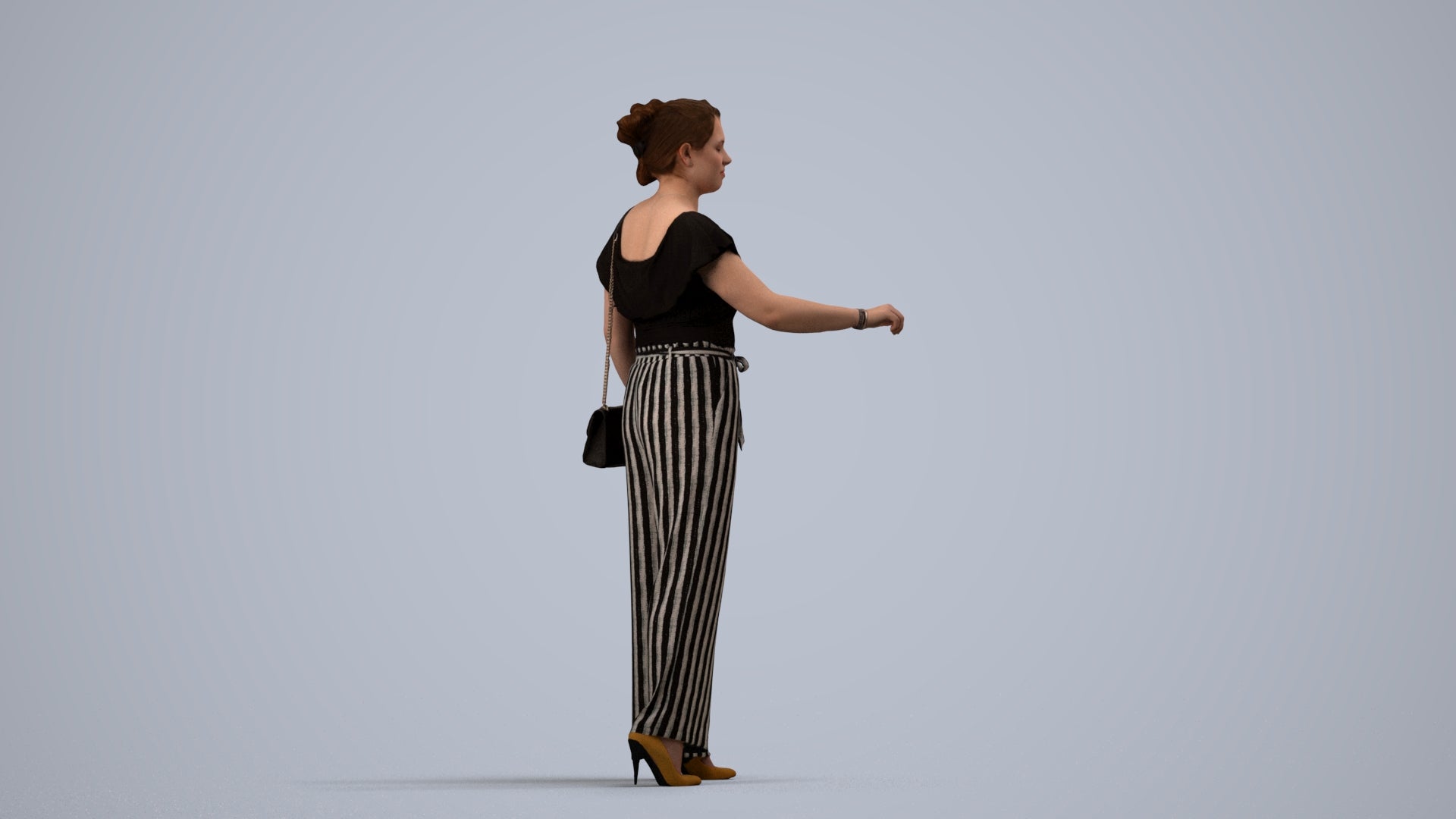realistic 3D woman casual standing, scanned archviz people for Blender and 3ds Max, side view render