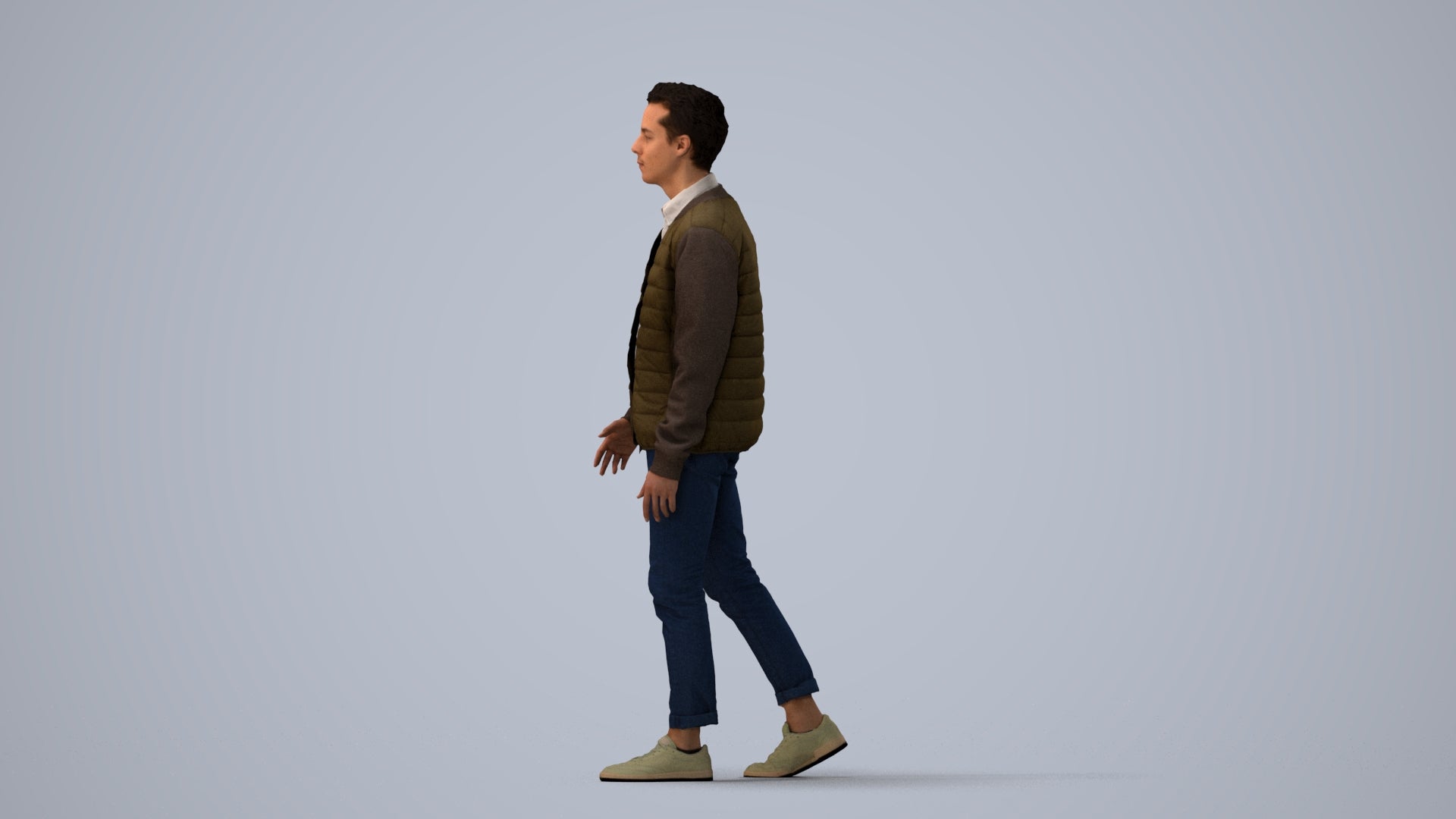 photogrammetry 3D man casual walking, realistic human model archviz FBX, three-quarter view render