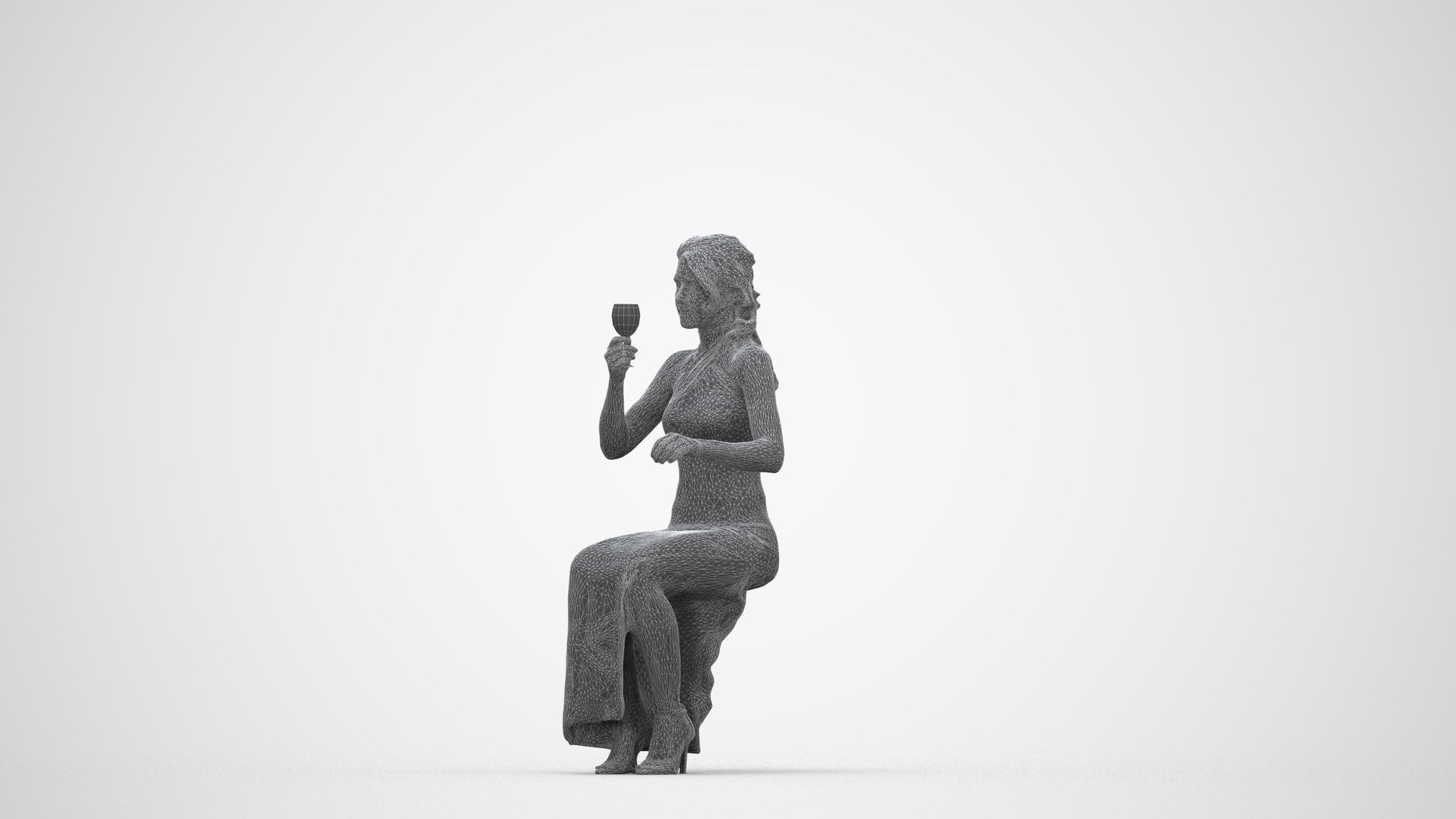 3D human model woman formal formalaffairs, photogrammetry scanned person for archviz, wireframe back view