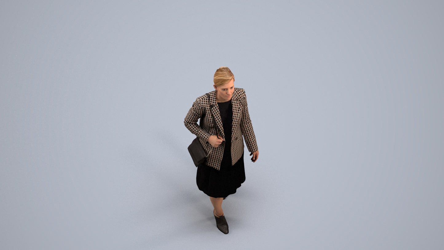 photogrammetry 3D woman business walking, realistic human model archviz FBX, back view render