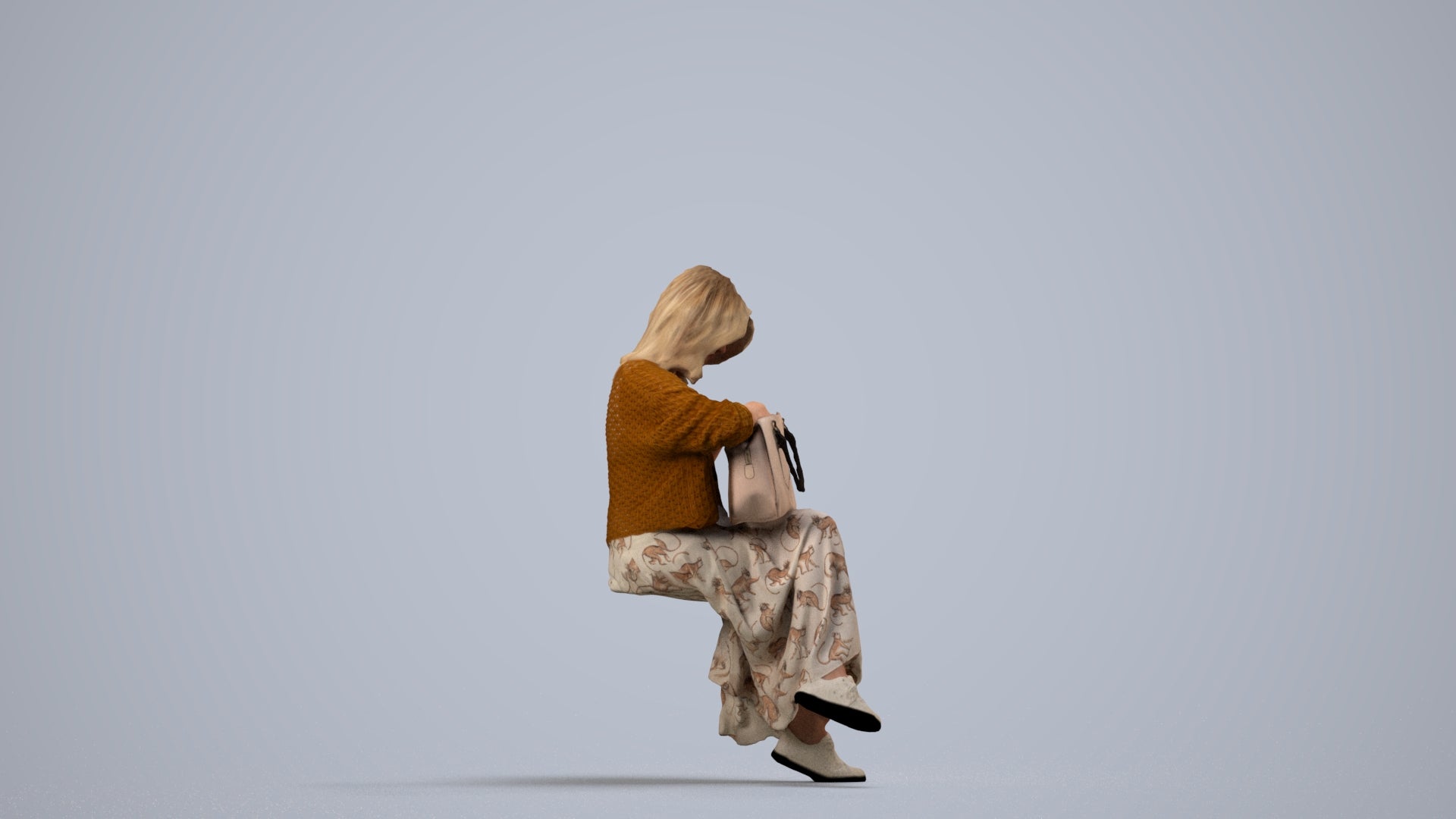 realistic 3D woman casual sitting, scanned archviz people for Blender and 3ds Max, side view render
