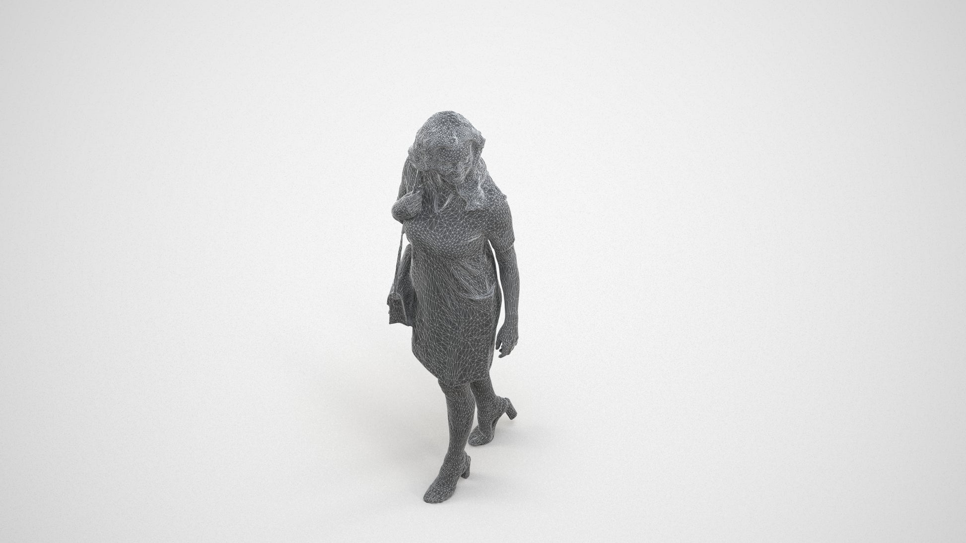 realistic 3D human woman casual walking, archviz people FBX OBJ for Blender, wireframe three-quarter view