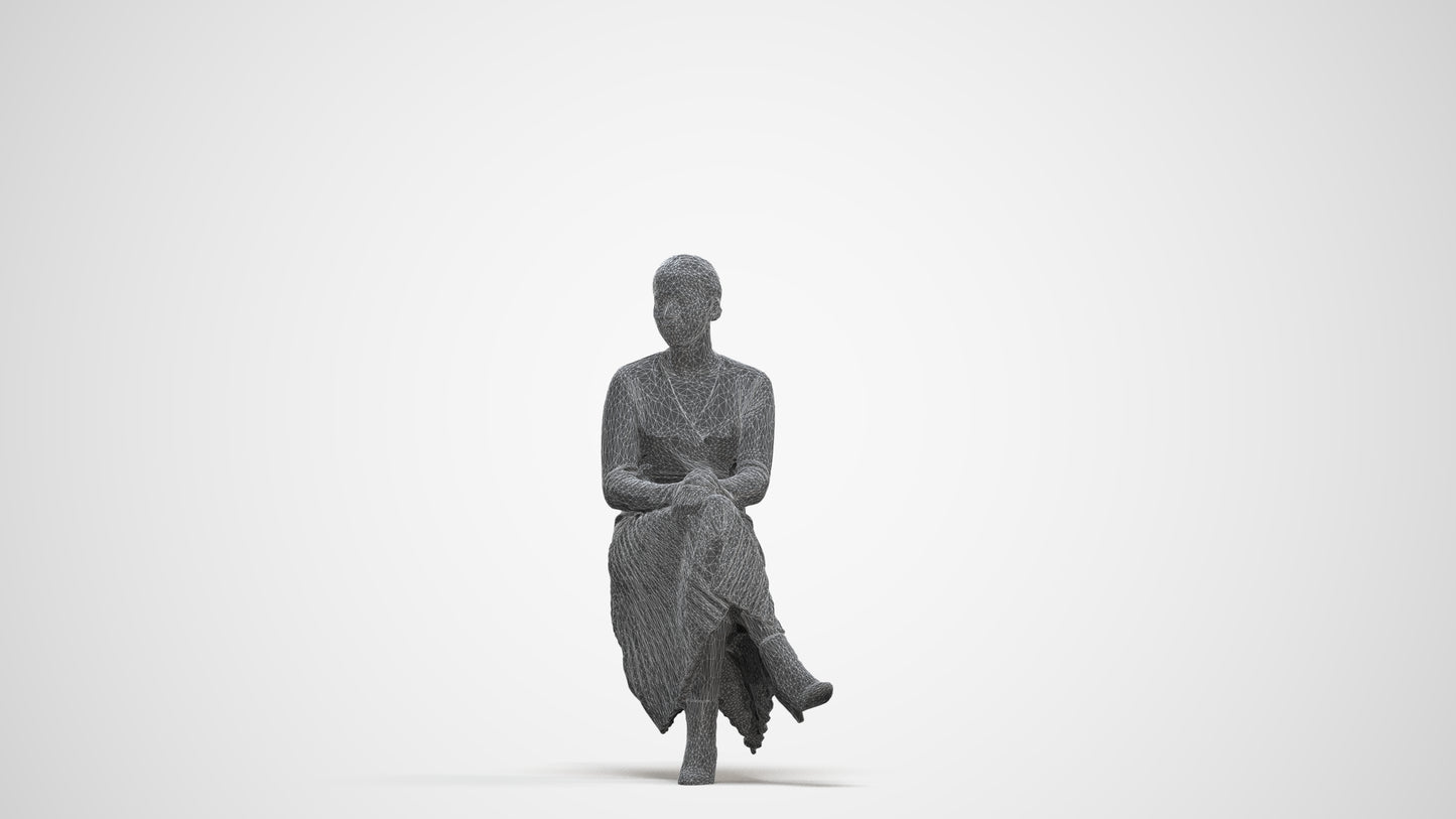 photogrammetry 3D woman casual sitting, realistic human model archviz FBX, three-quarter front view render
