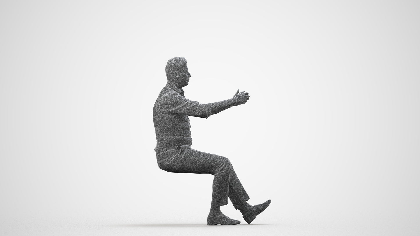 3D human model man casual driving, photogrammetry scanned person for archviz, wireframe side view