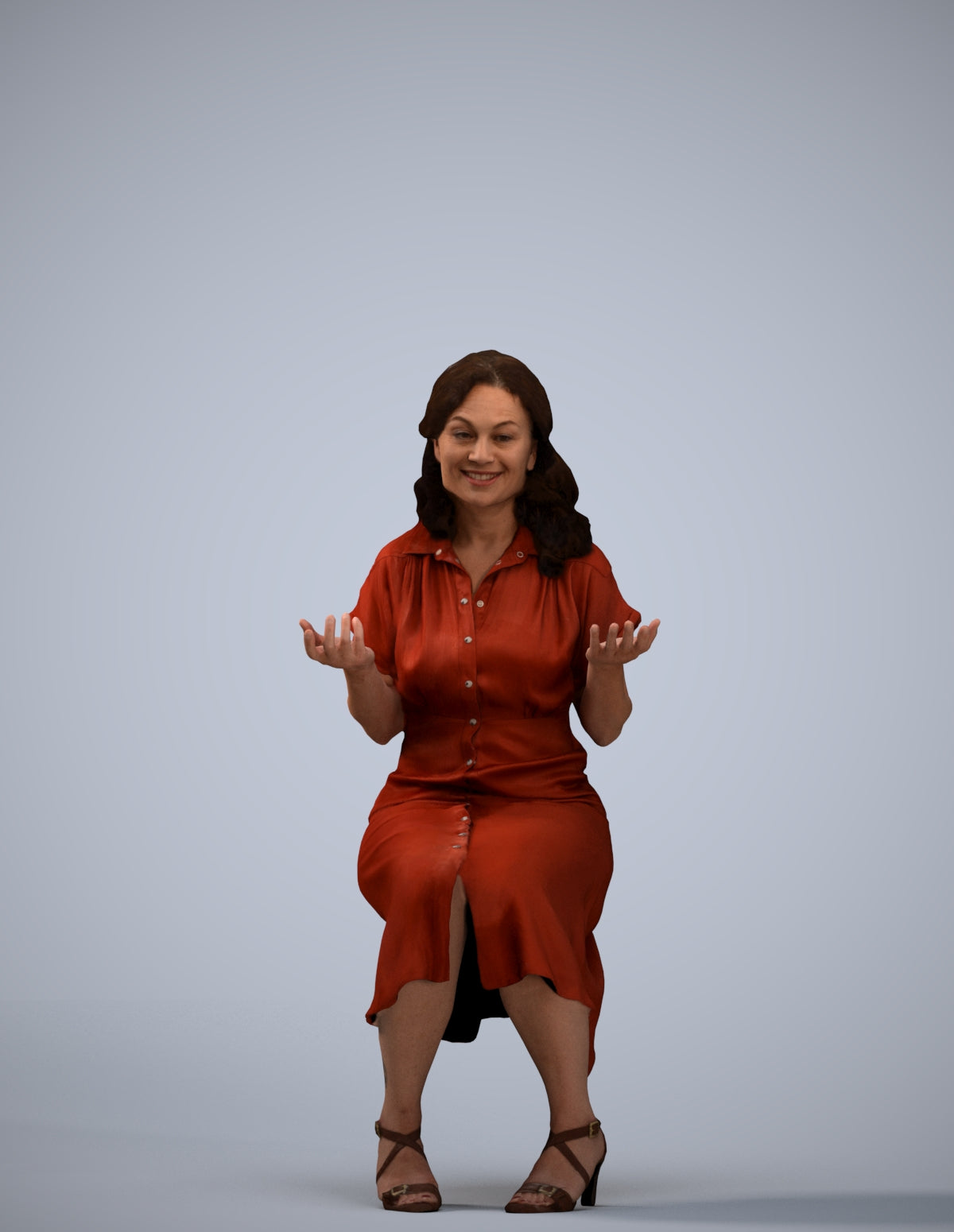 3D human model woman casual sitting, photogrammetry scanned person for archviz